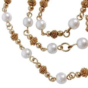 Vintage Signed Revlon Gold Tone Ball & Faux Pearl Station Necklace 1980s 1990s